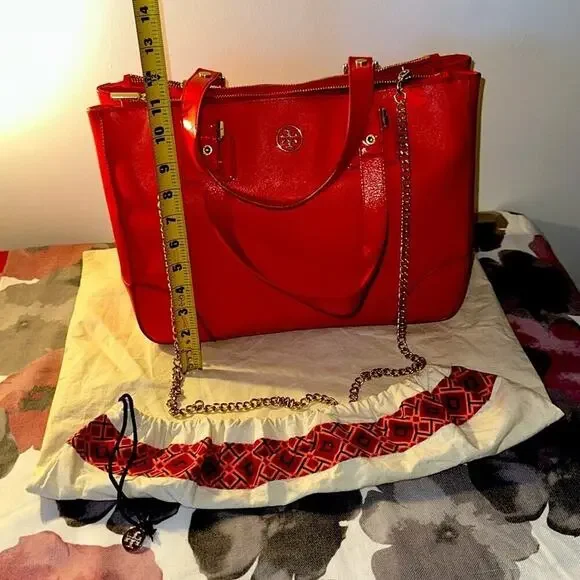 Tory Burch RED Robinson Double Zip Tote with cross body EUC - Picture 5 of 15